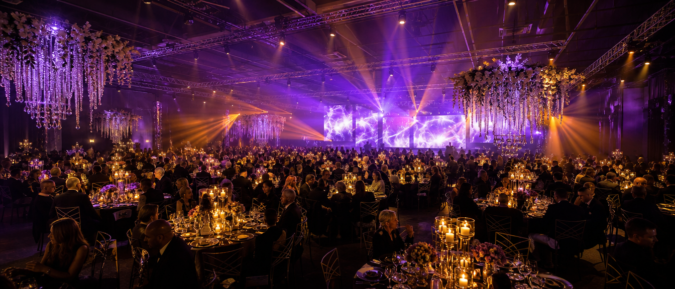 Luxury gala venue with dramatic purple and amber uplighting