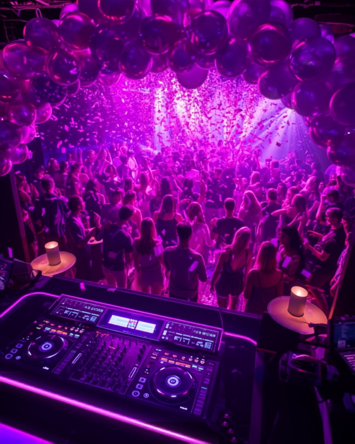 Vibrant private party with neon lights and DJ booth