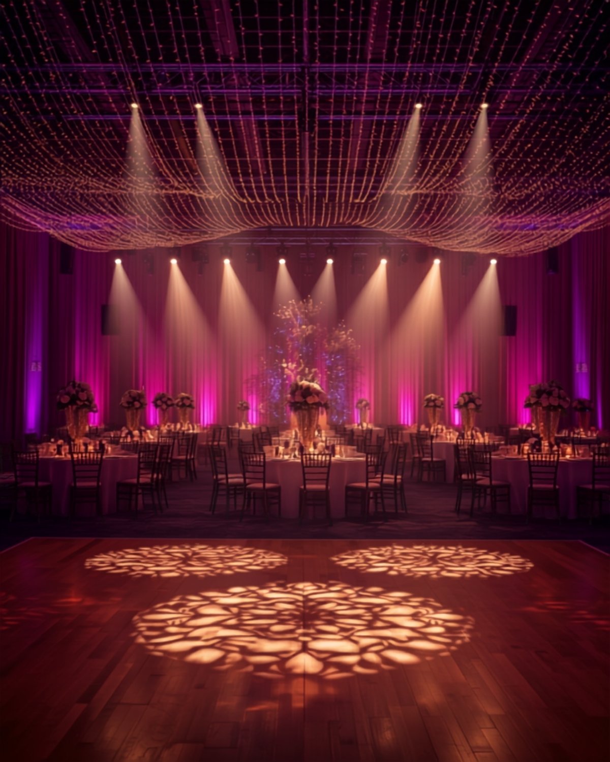 Luxurious wedding reception with purple uplighting and gobo patterns on the dance floor